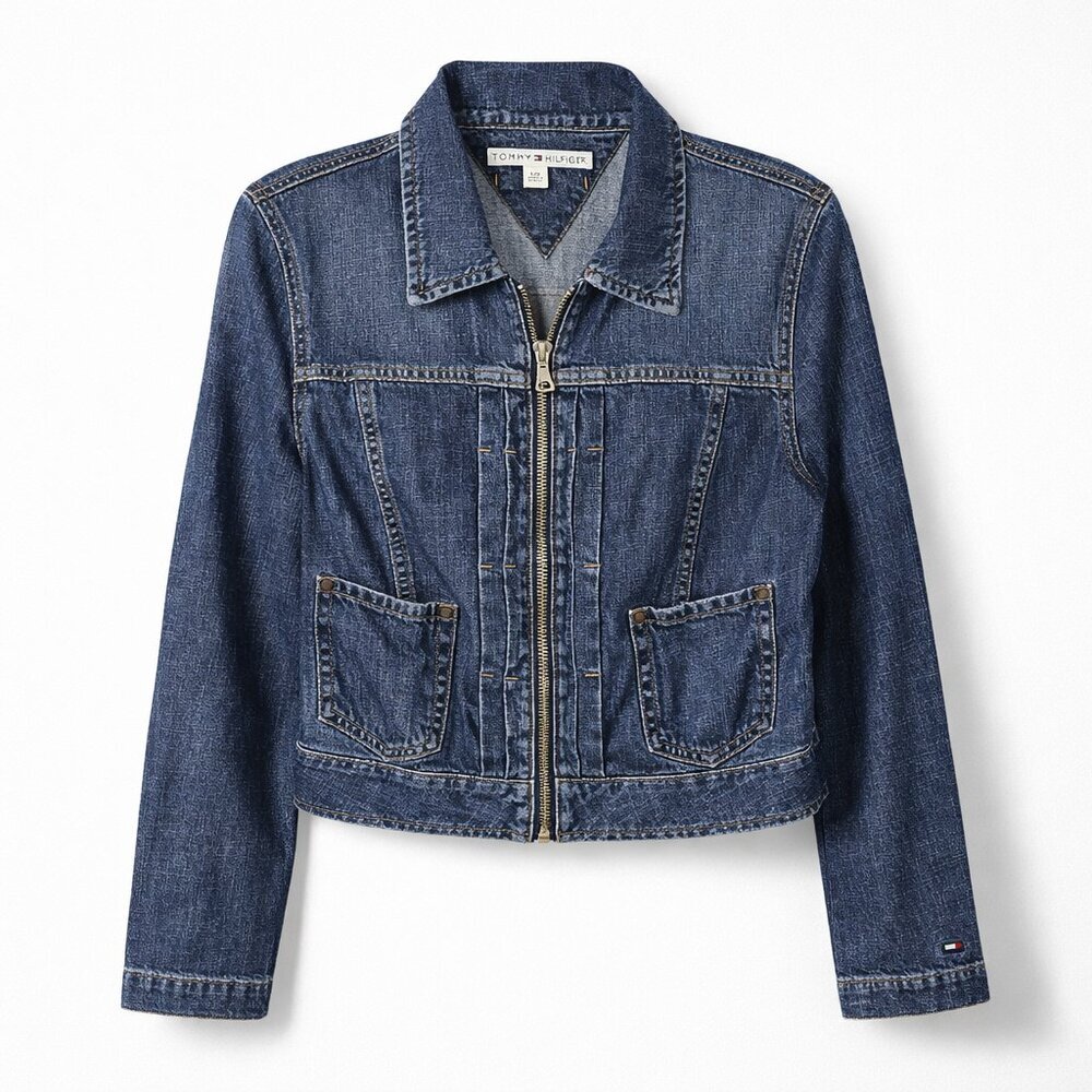 Tommy Hilfiger Zip Front Denim Jacket Women’s L Blue Jean Fitted Vintage Style